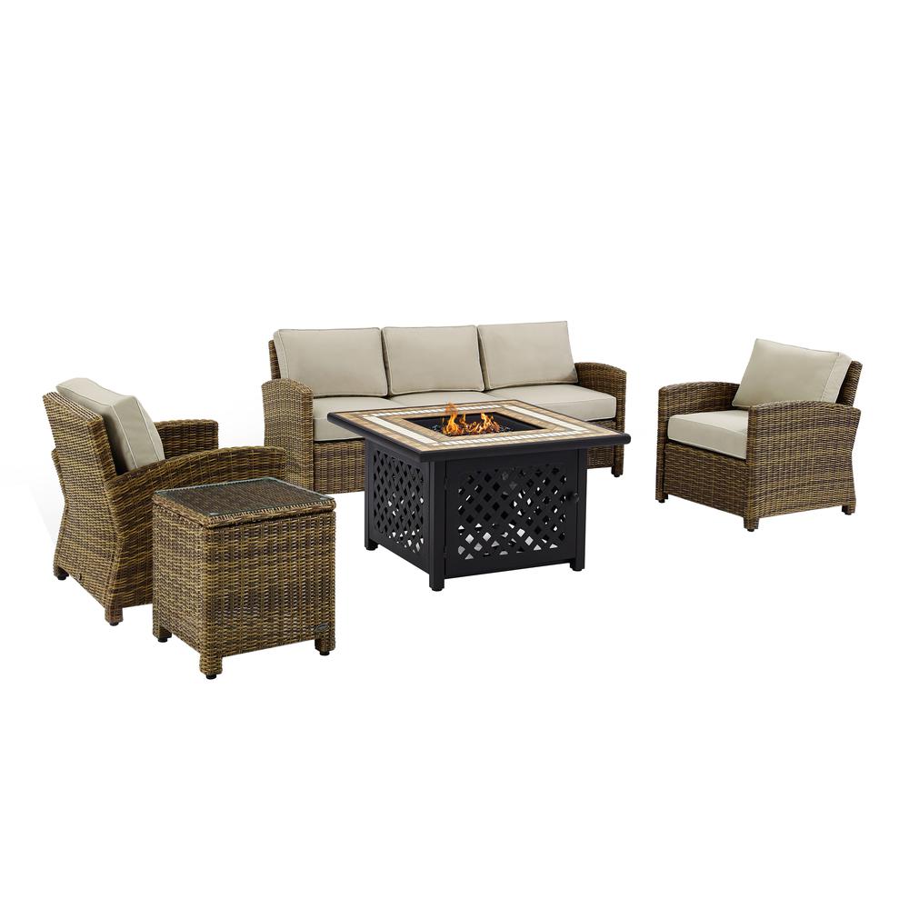 5Pc Outdoor Sofa Set W/ Fire Table, Sofa, Side Table, 2 Armchairs