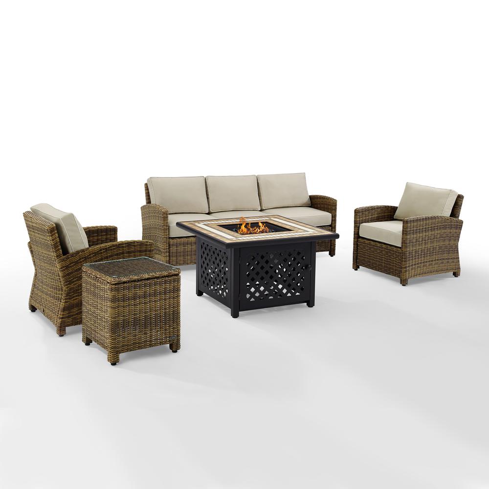 5Pc Outdoor Sofa Set W/ Fire Table, Sofa, Side Table, 2 Armchairs