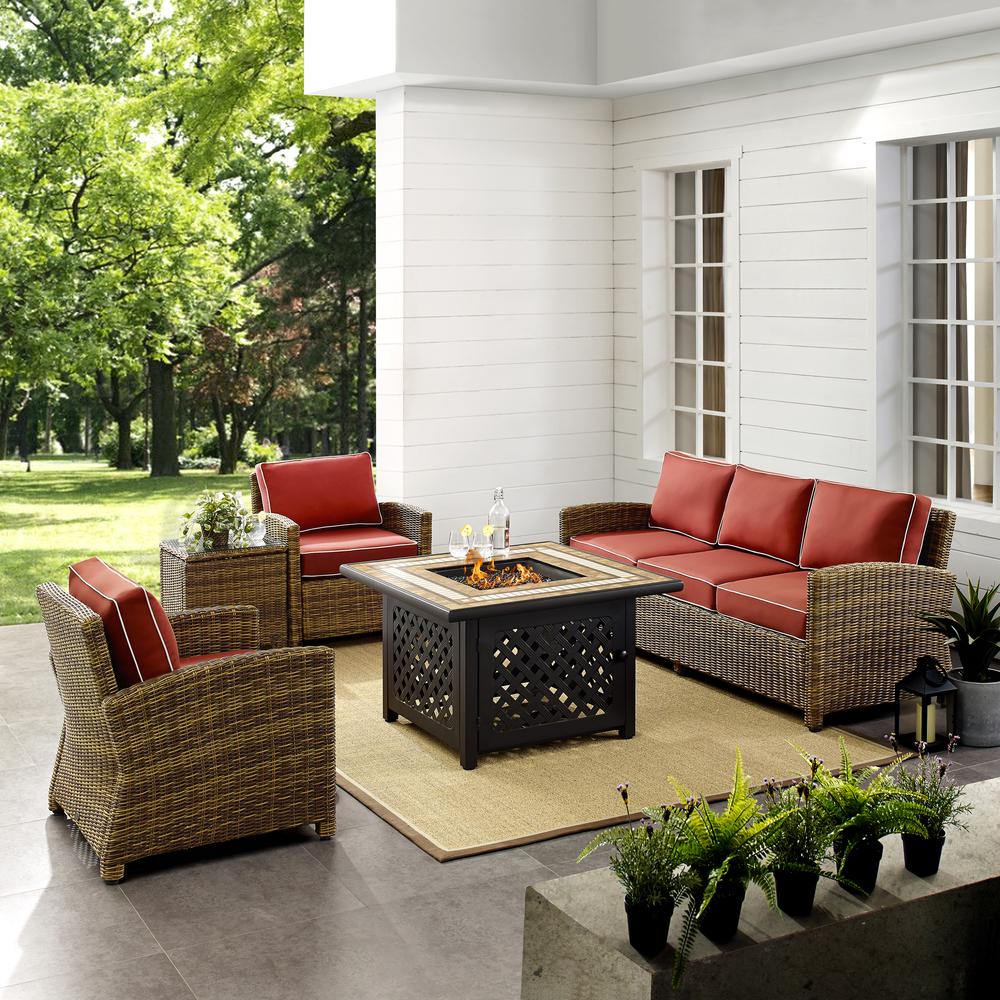 5Pc Outdoor Sofa Set W/ Fire Table, Sofa, Side Table, 2 Armchairs