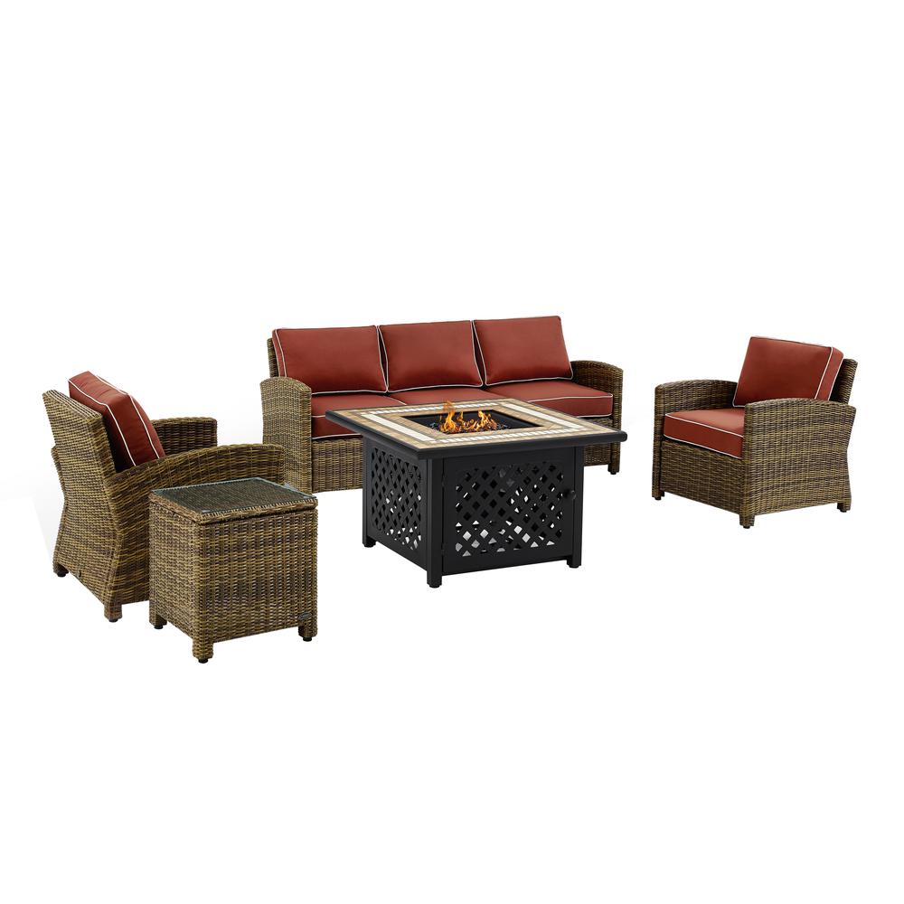 5Pc Outdoor Sofa Set W/ Fire Table, Sofa, Side Table, 2 Armchairs