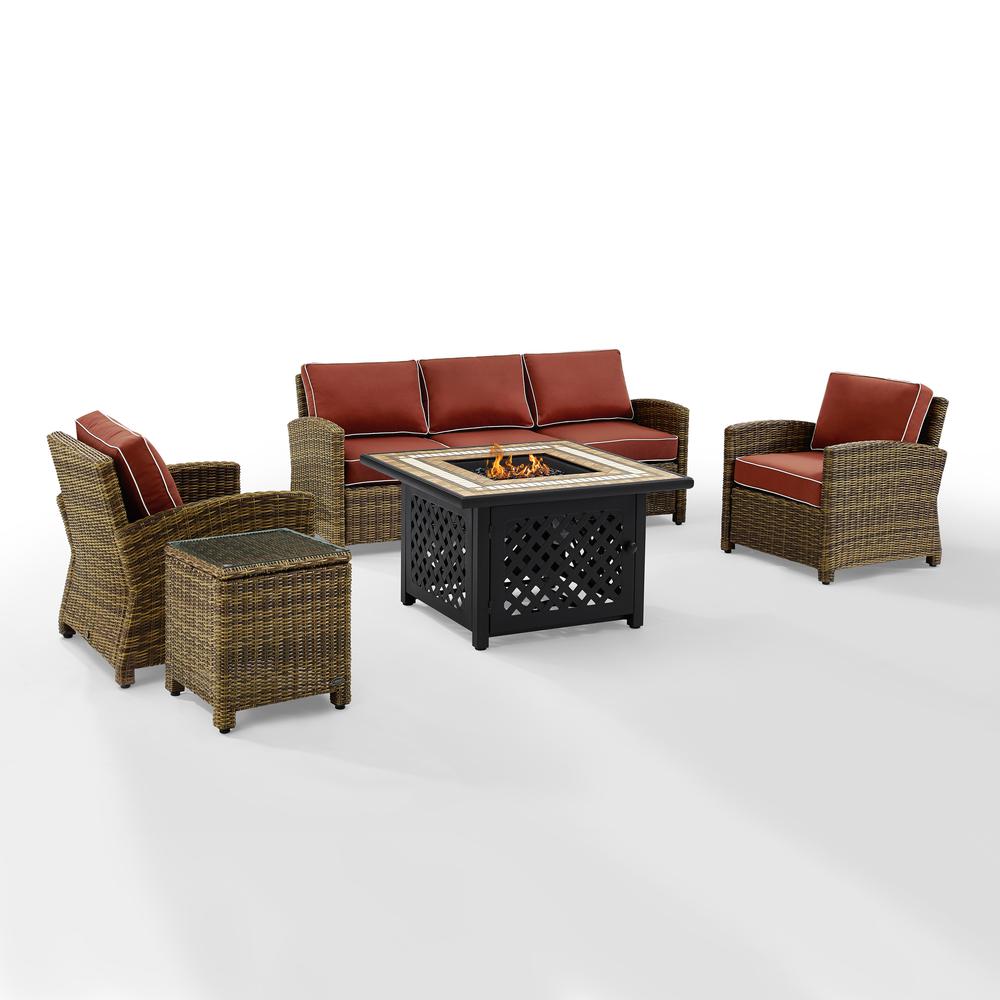 5Pc Outdoor Sofa Set W/ Fire Table, Sofa, Side Table, 2 Armchairs