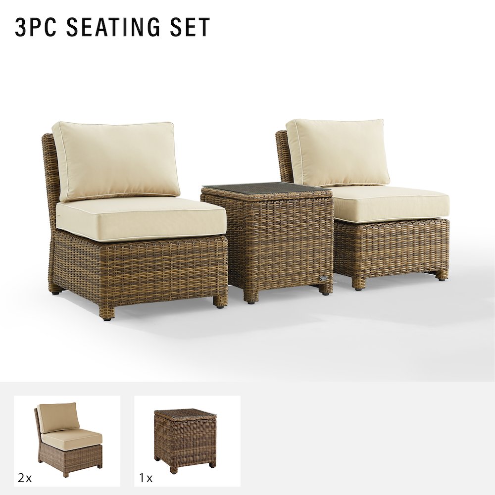 Bradenton 3Pc Armless Wicker Outdoor Chair Set - Side Table & 2 Armless Chairs