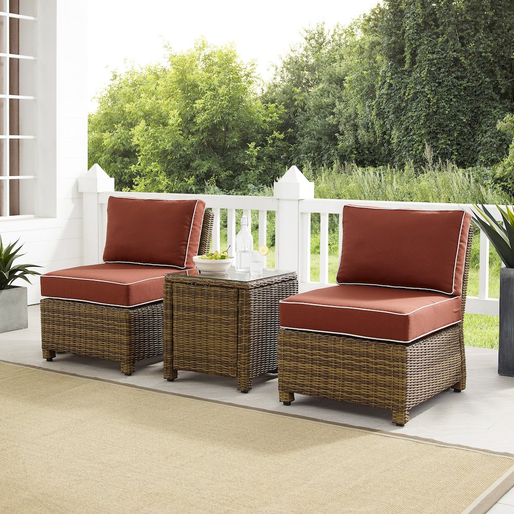 Bradenton 3Pc Armless Wicker Outdoor Chair Set - Side Table & 2 Armless Chairs