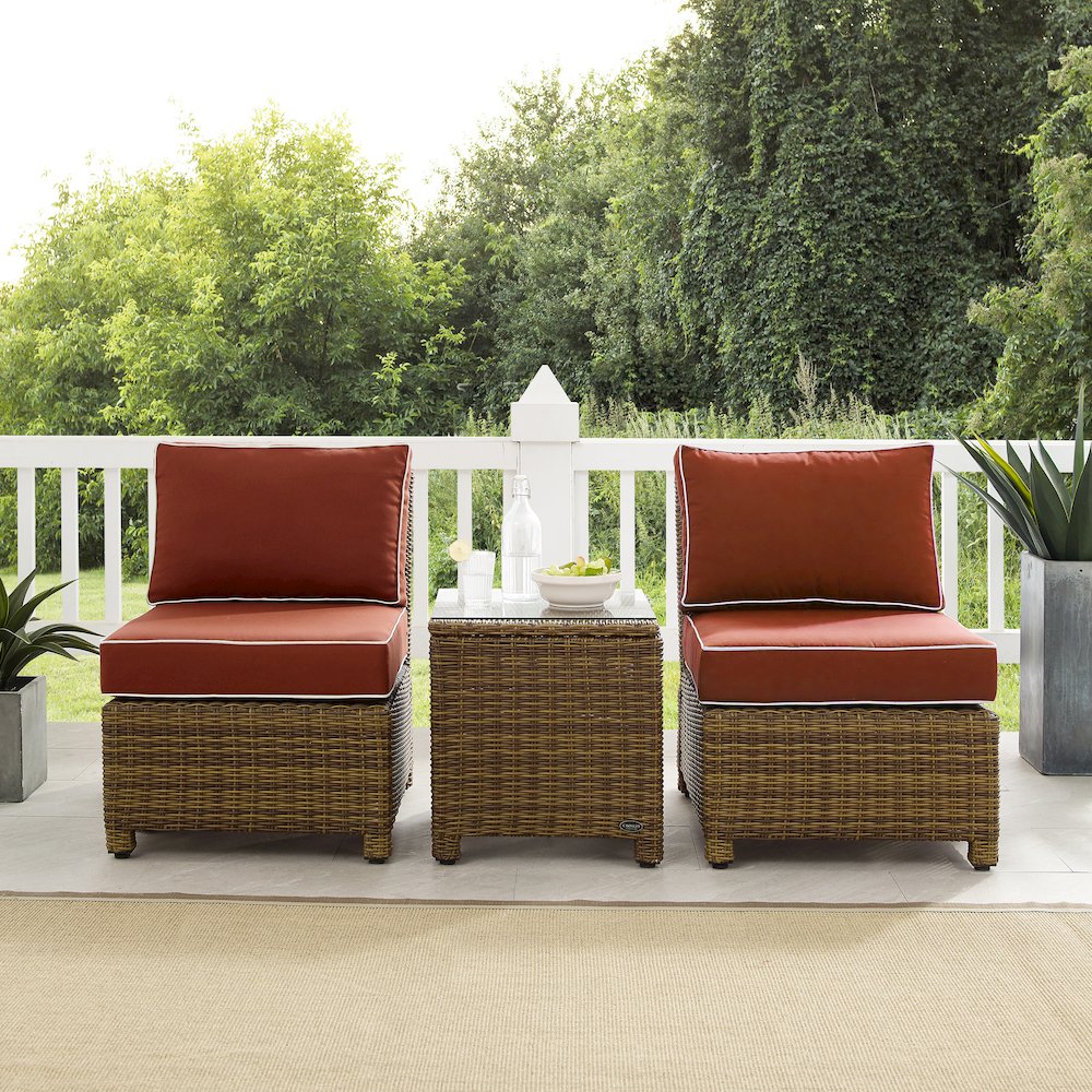 Bradenton 3Pc Armless Wicker Outdoor Chair Set - Side Table & 2 Armless Chairs