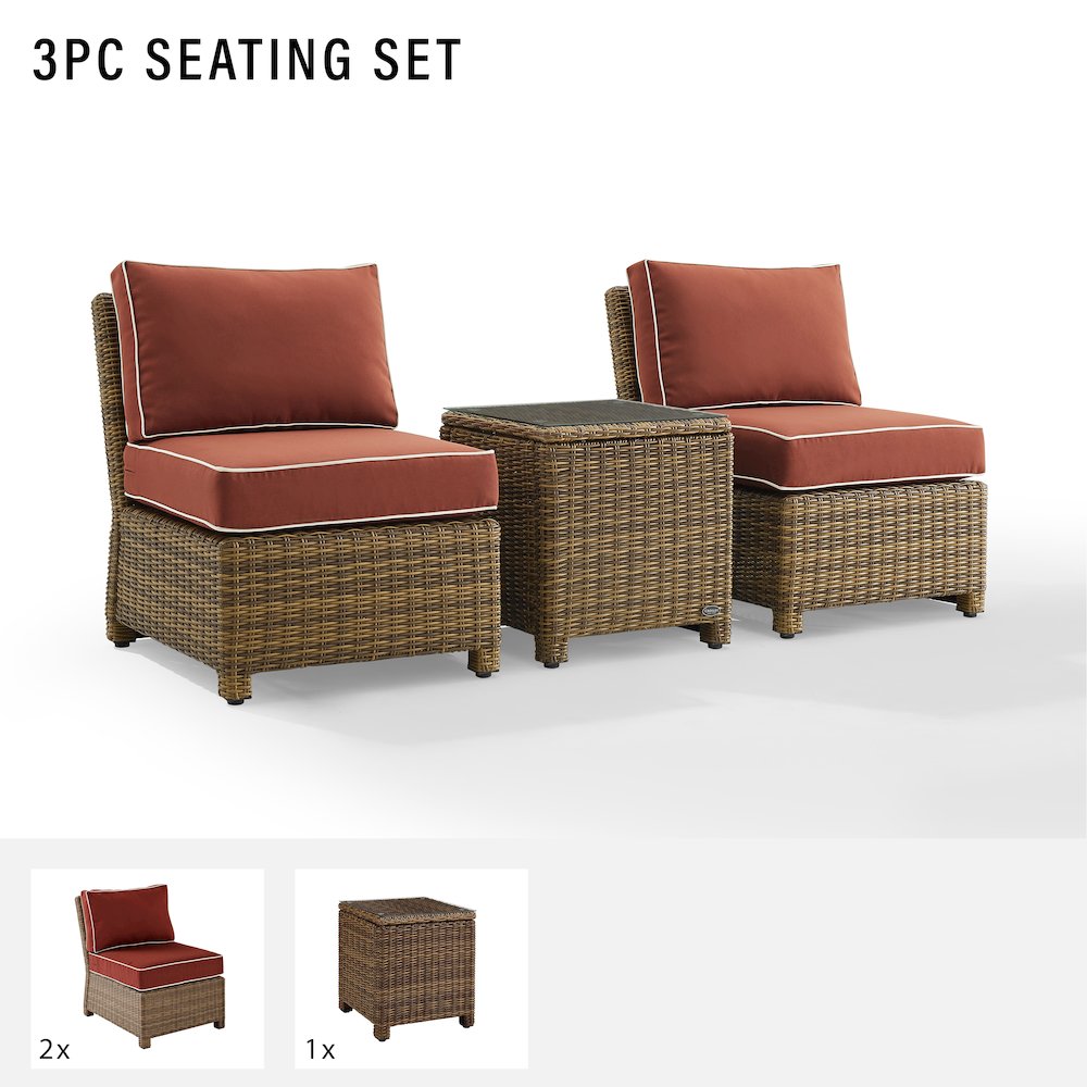 Bradenton 3Pc Armless Wicker Outdoor Chair Set - Side Table & 2 Armless Chairs