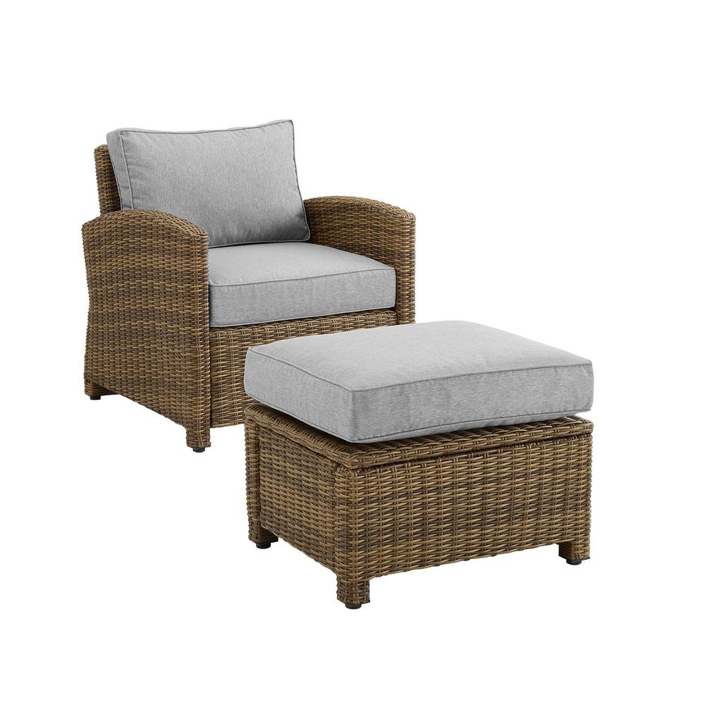 Wicker Outdoor Chair and Ottoman Set with Gray Cushions for Patio Relaxation