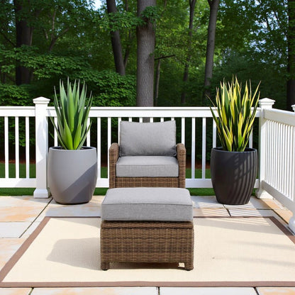 Wicker Outdoor Chair and Ottoman Set with Gray Cushions for Patio Relaxation