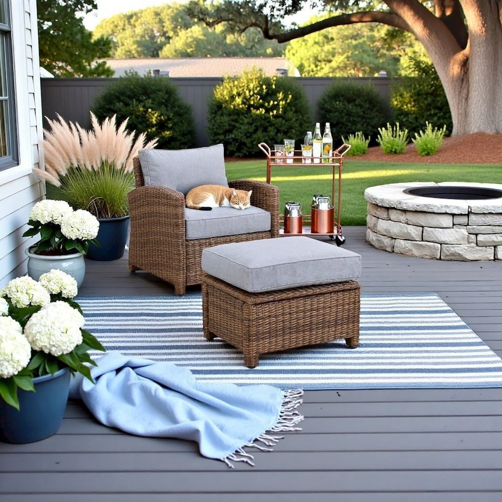 Wicker Outdoor Chair and Ottoman Set with Gray Cushions for Patio Relaxation