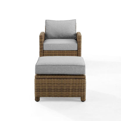 Wicker Outdoor Chair and Ottoman Set with Gray Cushions for Patio Relaxation