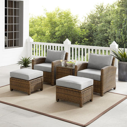 Bradenton 5Pc Wicker Outdoor Chair Set - Side Table, 2 Arm Chairs & 2 Ottomans