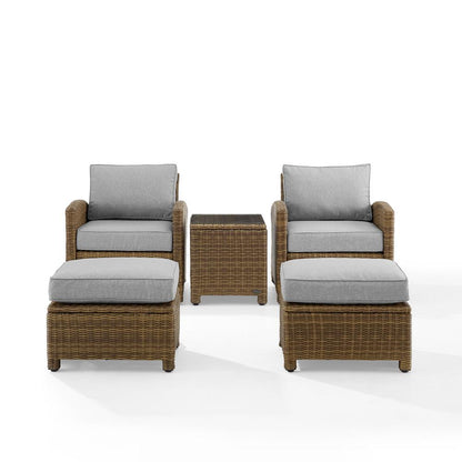 Bradenton 5Pc Wicker Outdoor Chair Set - Side Table, 2 Arm Chairs & 2 Ottomans