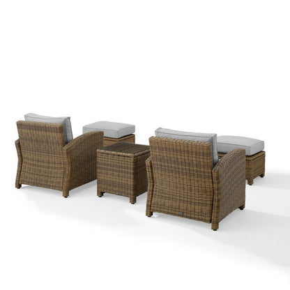 Bradenton 5Pc Wicker Outdoor Chair Set - Side Table, 2 Arm Chairs & 2 Ottomans