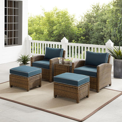 Bradenton 5Pc Wicker Outdoor Chair Set - Side Table, 2 Arm Chairs & 2 Ottomans