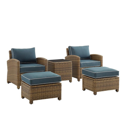 Bradenton 5Pc Wicker Outdoor Chair Set - Side Table, 2 Arm Chairs & 2 Ottomans