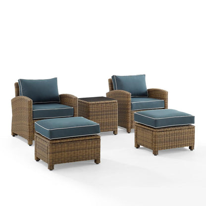 Bradenton 5Pc Wicker Outdoor Chair Set - Side Table, 2 Arm Chairs & 2 Ottomans