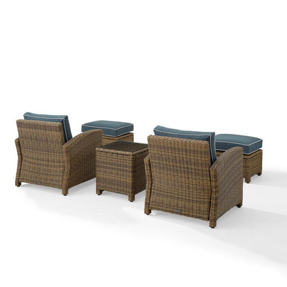 Bradenton 5Pc Wicker Outdoor Chair Set - Side Table, 2 Arm Chairs & 2 Ottomans
