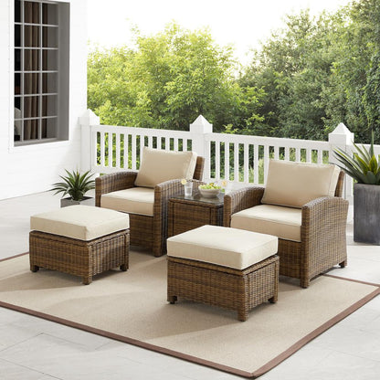 Bradenton 5Pc Wicker Outdoor Chair Set - Side Table, 2 Arm Chairs & 2 Ottomans