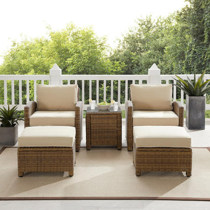 Bradenton 5Pc Wicker Outdoor Chair Set - Side Table, 2 Arm Chairs & 2 Ottomans