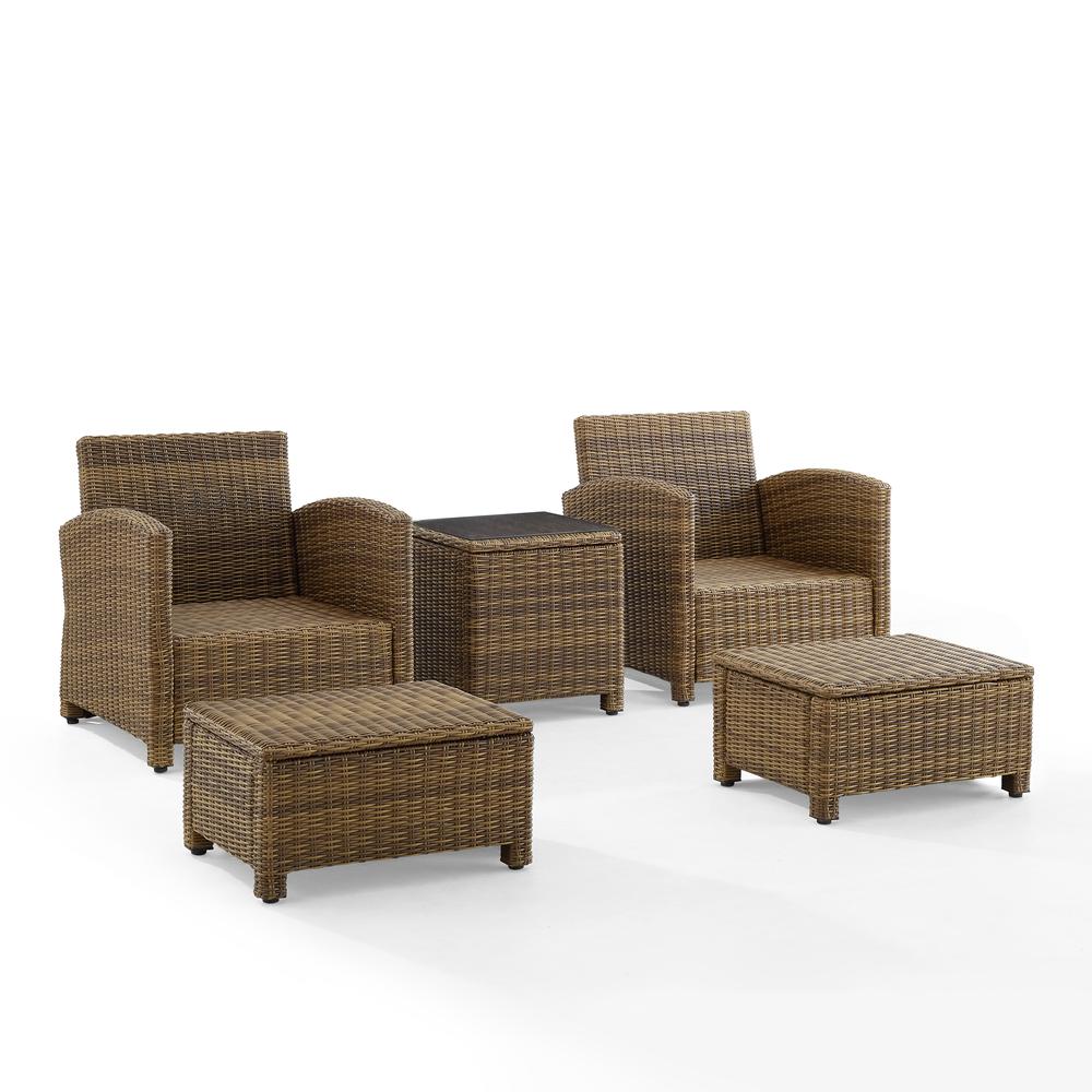 Bradenton 5Pc Wicker Outdoor Chair Set - Side Table, 2 Arm Chairs & 2 Ottomans