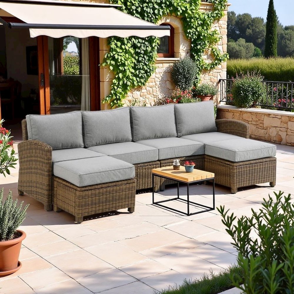 Brown Wicker Patio Sectional Outdoor Furniture 4 Piece Set with Sofa Ottomans