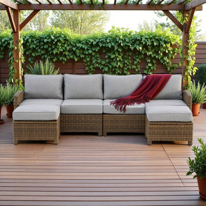 Brown Wicker Patio Sectional Outdoor Furniture 4 Piece Set with Sofa Ottomans