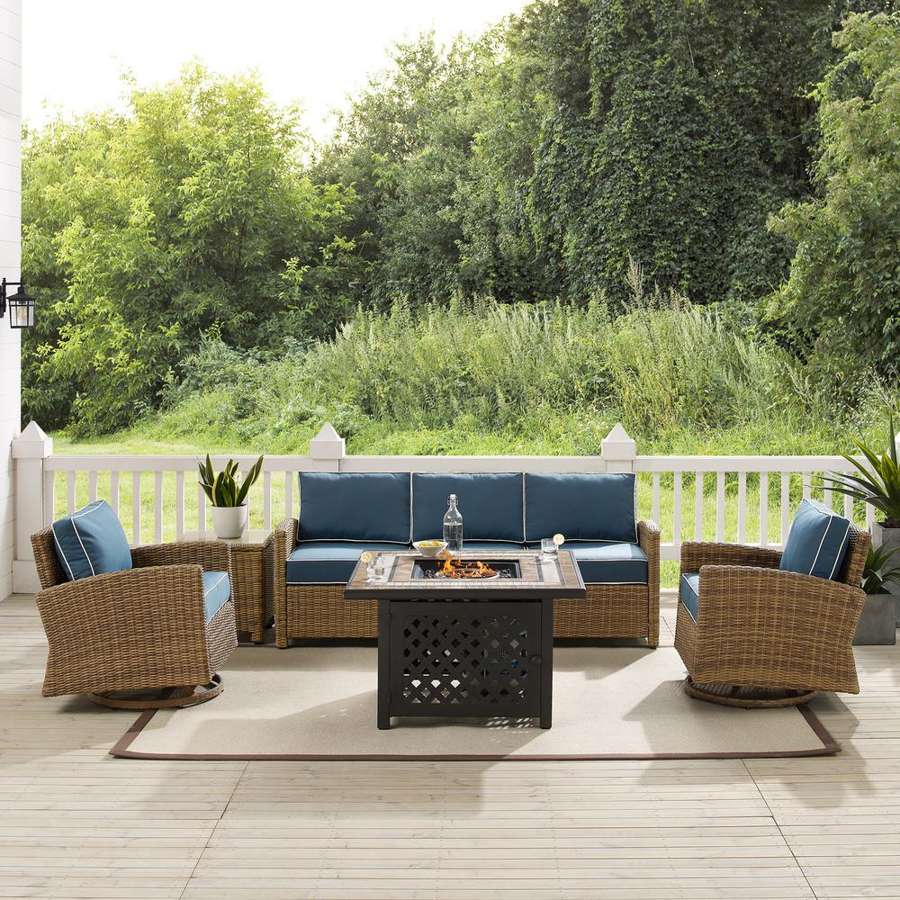 5Pc Outdoor Swivel Rocker Sofa Set W/Fire Table, Sofa, Side Table, 2 Rockers