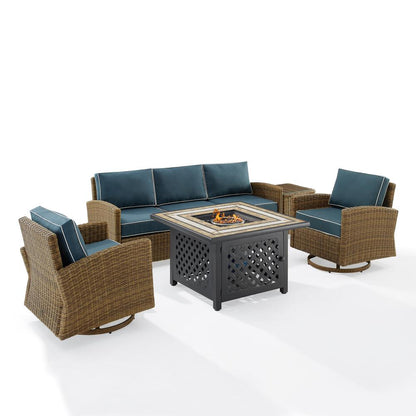5Pc Outdoor Swivel Rocker Sofa Set W/Fire Table, Sofa, Side Table, 2 Rockers