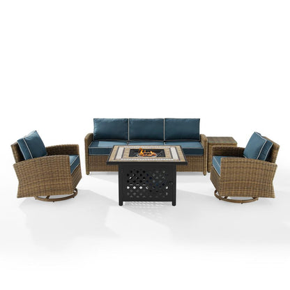 5Pc Outdoor Swivel Rocker Sofa Set W/Fire Table, Sofa, Side Table, 2 Rockers