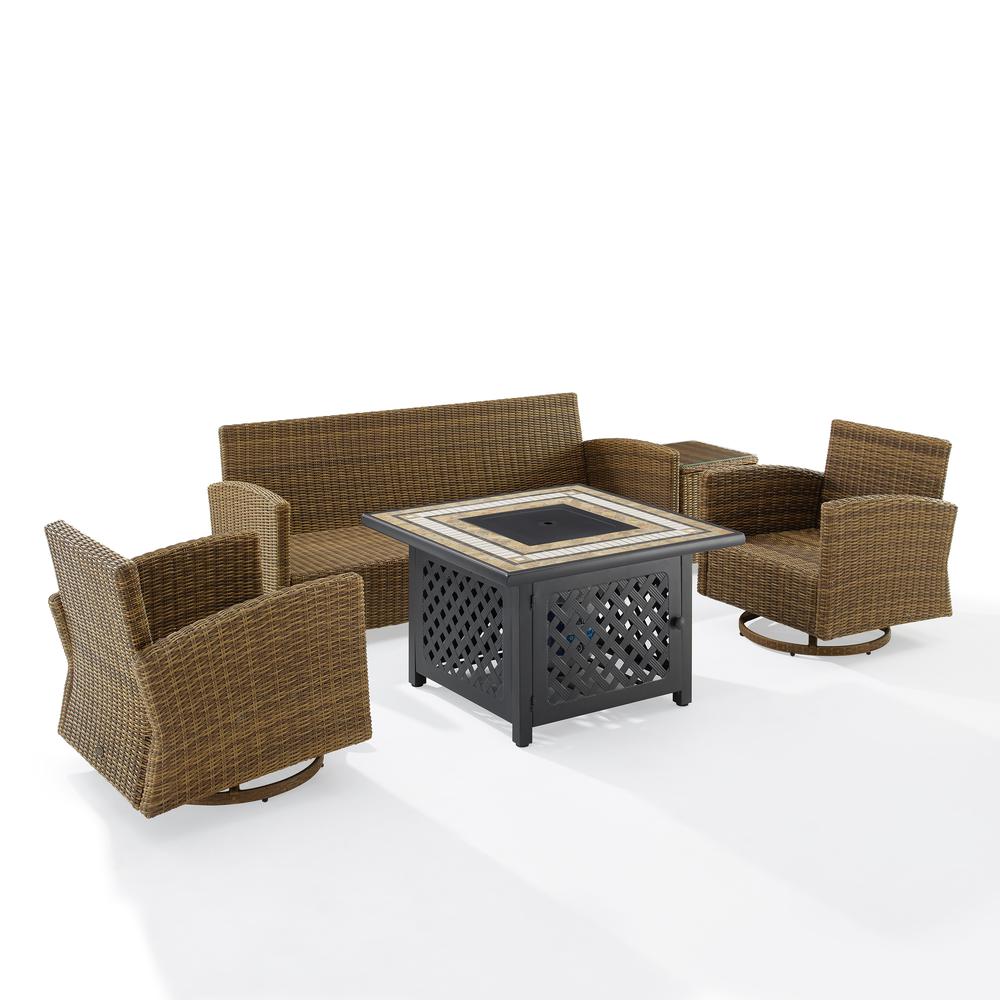 5Pc Outdoor Swivel Rocker Sofa Set W/Fire Table, Sofa, Side Table, 2 Rockers