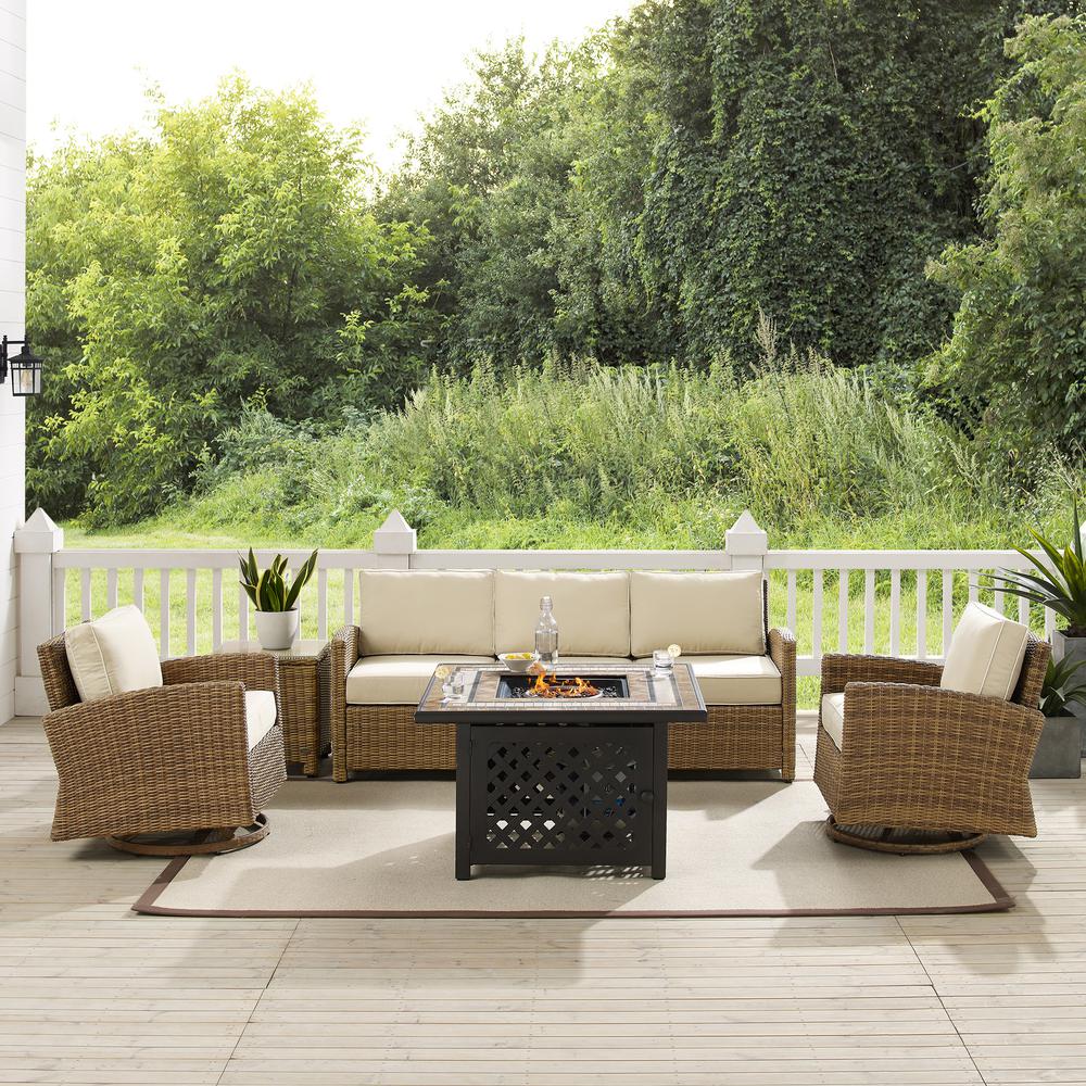 5Pc Outdoor Swivel Rocker Sofa Set W/Fire Table, Sofa, Side Table, 2 Rockers