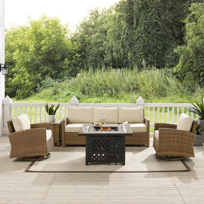 5Pc Outdoor Swivel Rocker Sofa Set W/Fire Table, Sofa, Side Table, 2 Rockers