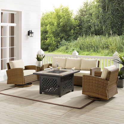 5Pc Outdoor Swivel Rocker Sofa Set W/Fire Table, Sofa, Side Table, 2 Rockers