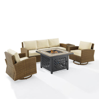 5Pc Outdoor Swivel Rocker Sofa Set W/Fire Table, Sofa, Side Table, 2 Rockers