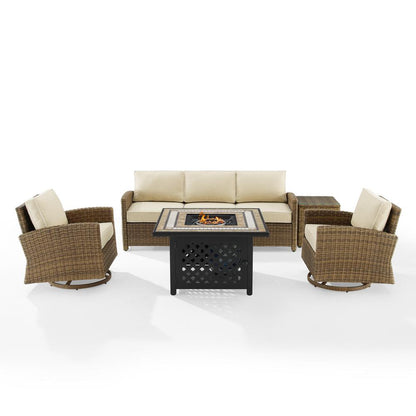 5Pc Outdoor Swivel Rocker Sofa Set W/Fire Table, Sofa, Side Table, 2 Rockers