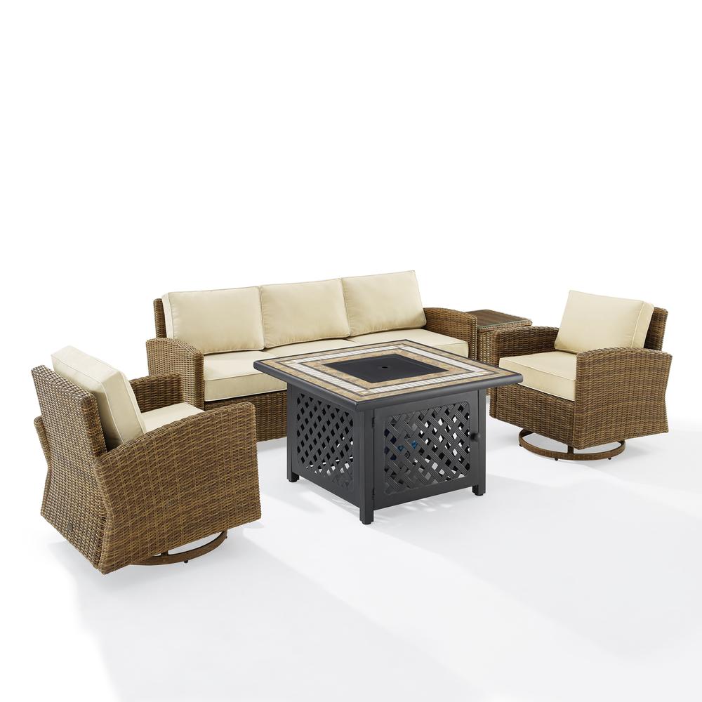 5Pc Outdoor Swivel Rocker Sofa Set W/Fire Table, Sofa, Side Table, 2 Rockers