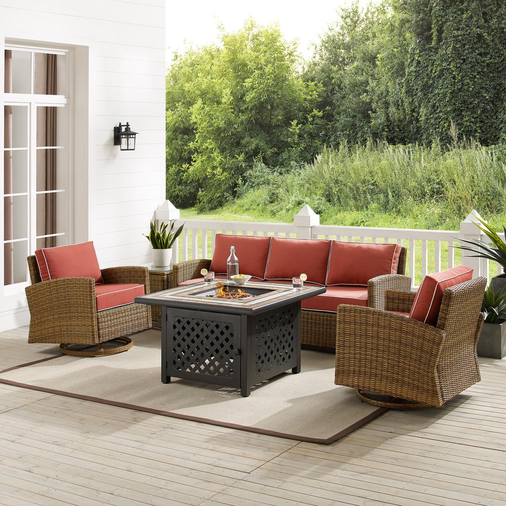 5Pc Outdoor Swivel Rocker Sofa Set W/Fire Table, Sofa, Side Table, 2 Rockers