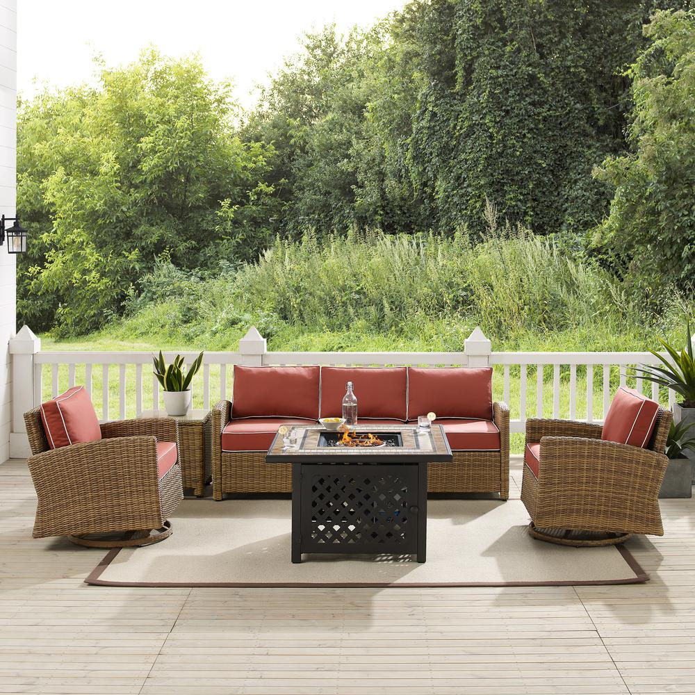5Pc Outdoor Swivel Rocker Sofa Set W/Fire Table, Sofa, Side Table, 2 Rockers