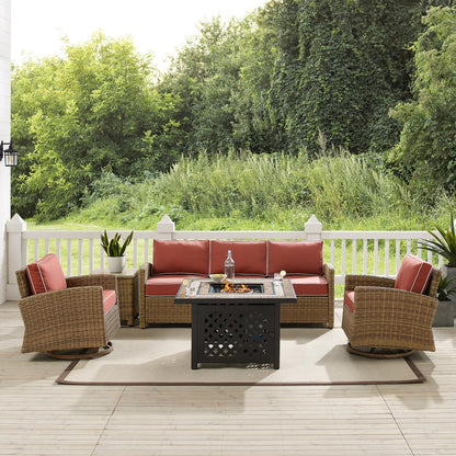 5Pc Outdoor Swivel Rocker Sofa Set W/Fire Table, Sofa, Side Table, 2 Rockers