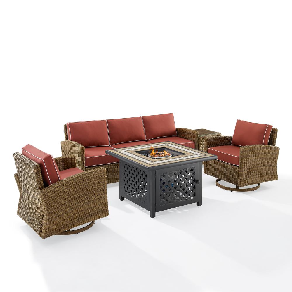 5Pc Outdoor Swivel Rocker Sofa Set W/Fire Table, Sofa, Side Table, 2 Rockers
