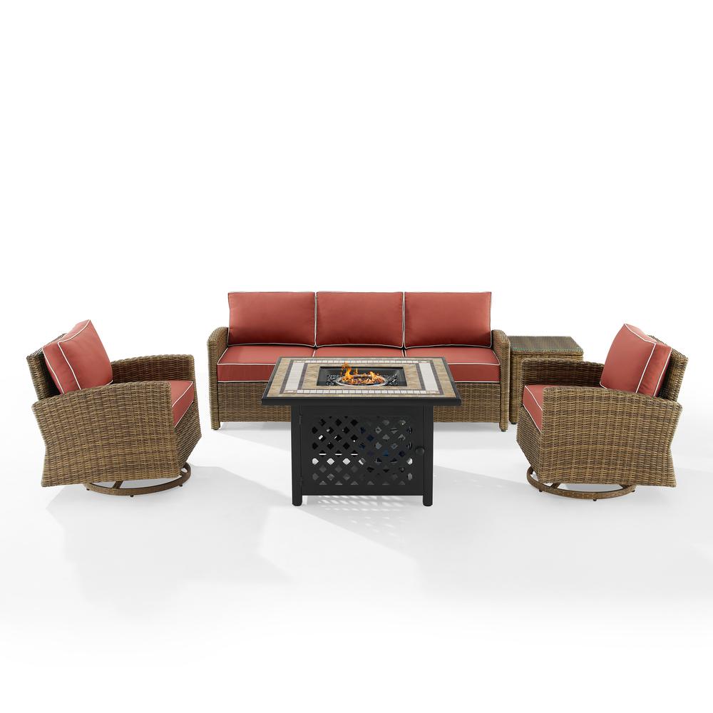 5Pc Outdoor Swivel Rocker Sofa Set W/Fire Table, Sofa, Side Table, 2 Rockers