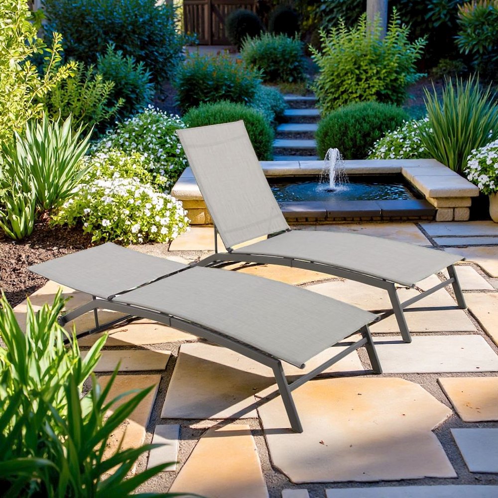 Black Steel Outdoor Lounge Chairs Set of 2 with Reclining Mesh and Wheels