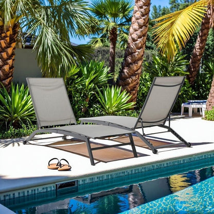 Black Steel Outdoor Lounge Chairs Set of 2 with Reclining Mesh and Wheels