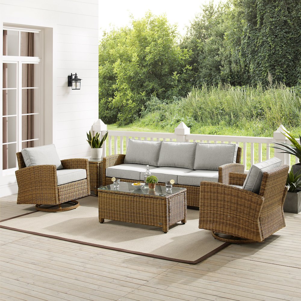 5Pc Outdoor Sofa & Swivel Rocker Set, Sofa, Coffee&Side Tables, 2 Swivel Rockers
