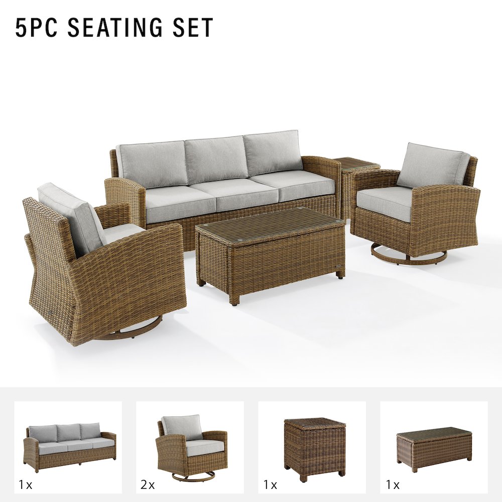 5Pc Outdoor Sofa & Swivel Rocker Set, Sofa, Coffee&Side Tables, 2 Swivel Rockers