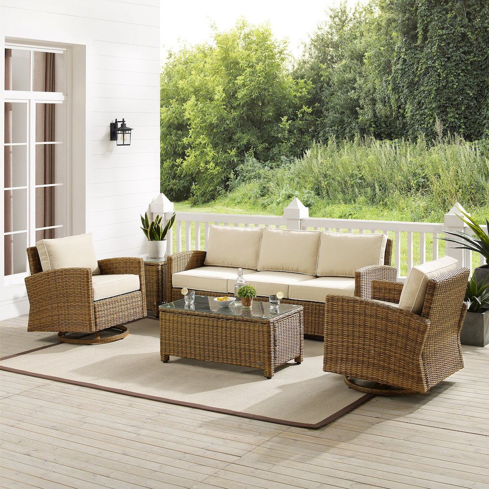 5Pc Outdoor Sofa & Swivel Rocker Set, Sofa, Coffee&Side Tables, 2 Swivel Rockers