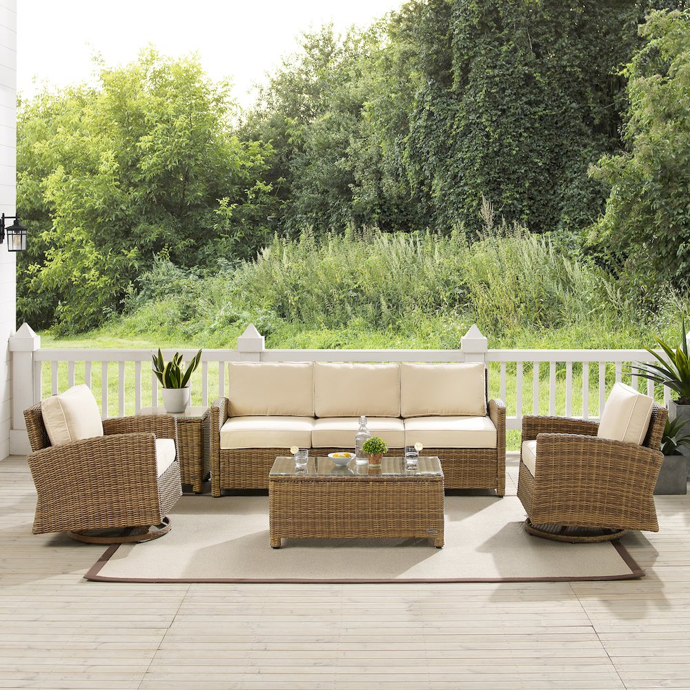 5Pc Outdoor Sofa & Swivel Rocker Set, Sofa, Coffee&Side Tables, 2 Swivel Rockers