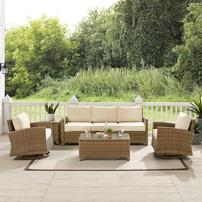 5Pc Outdoor Sofa & Swivel Rocker Set, Sofa, Coffee&Side Tables, 2 Swivel Rockers
