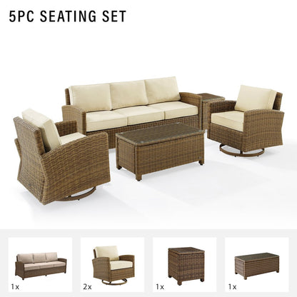 5Pc Outdoor Sofa & Swivel Rocker Set, Sofa, Coffee&Side Tables, 2 Swivel Rockers