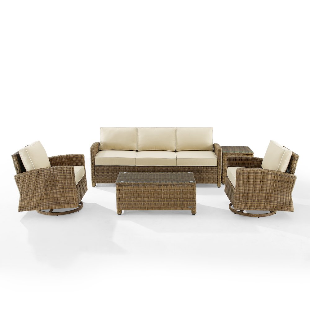 5Pc Outdoor Sofa & Swivel Rocker Set, Sofa, Coffee&Side Tables, 2 Swivel Rockers