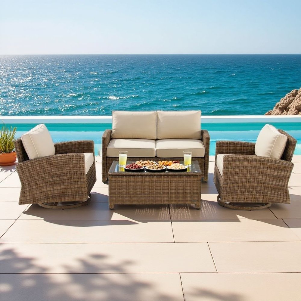 Brown 4 Piece Patio Furniture Set with 2 Chairs, Loveseat, Table, Sand Cushions